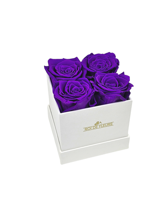 Four Purple Roses in White Classic Hat Box