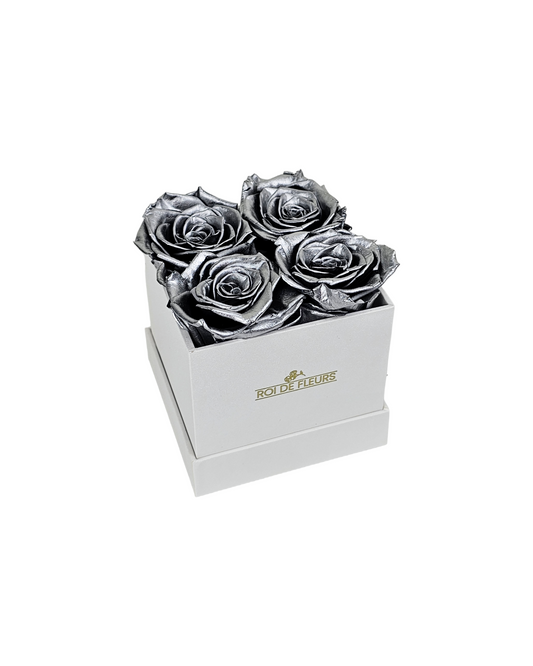 Four Silver Roses in White Classic Hat Box