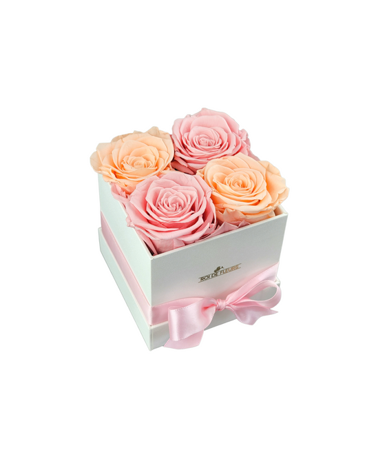 Four Pink Champagne Roses in White Classic Hat Box