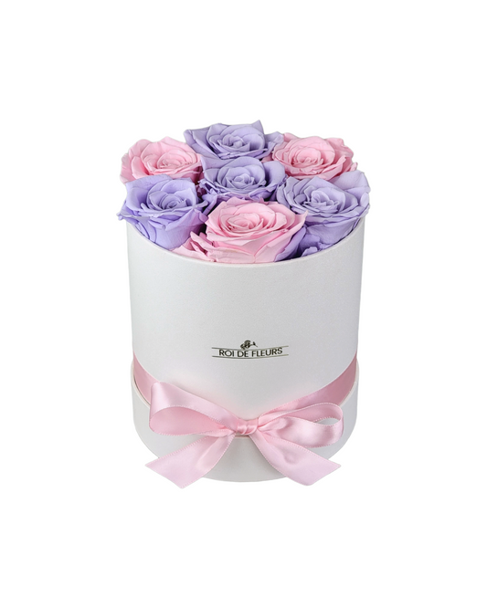 Seven Pink/Lavander Roses in White Classic Hat Box