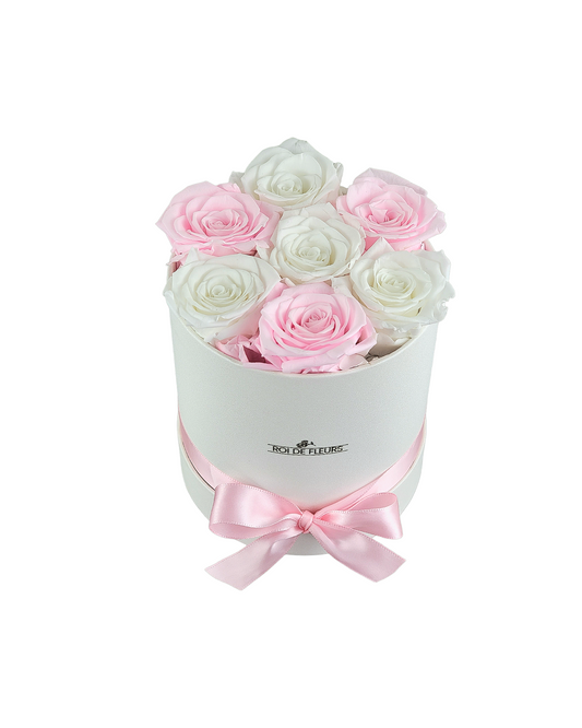 Seven Pink/White Roses in White Classic Hat Box