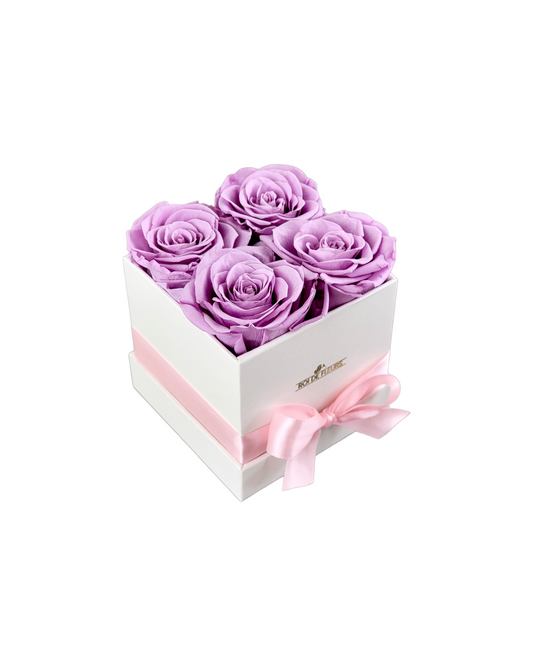 Four Lilac Roses in White Classic Hat Box