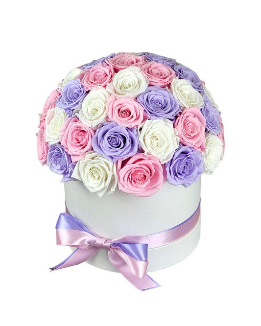 Pink Lavander Roses in Dome White Classic Hat Box