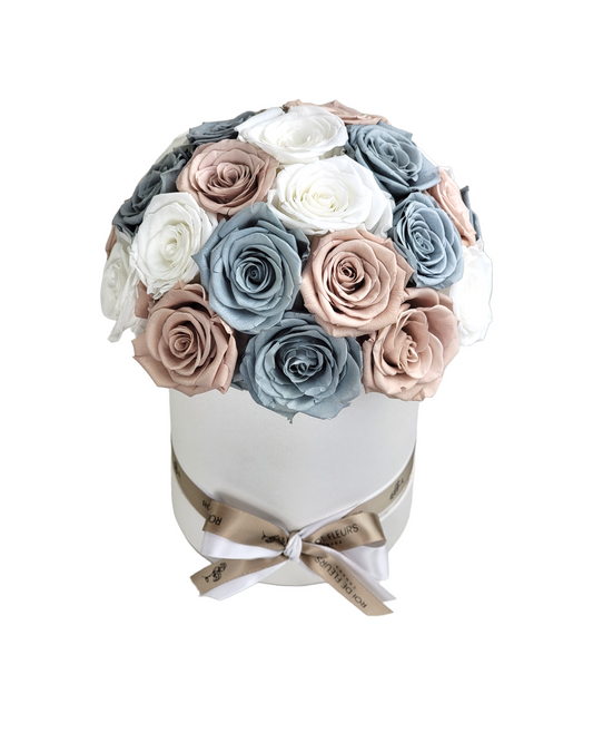 Neutral Colored Roses in Dome White Classic Hat Box