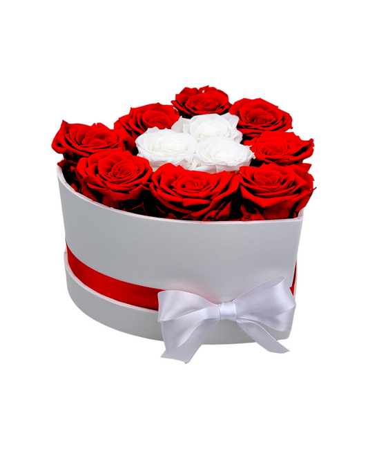 Red/White Roses in White Classic Heart Hat Box