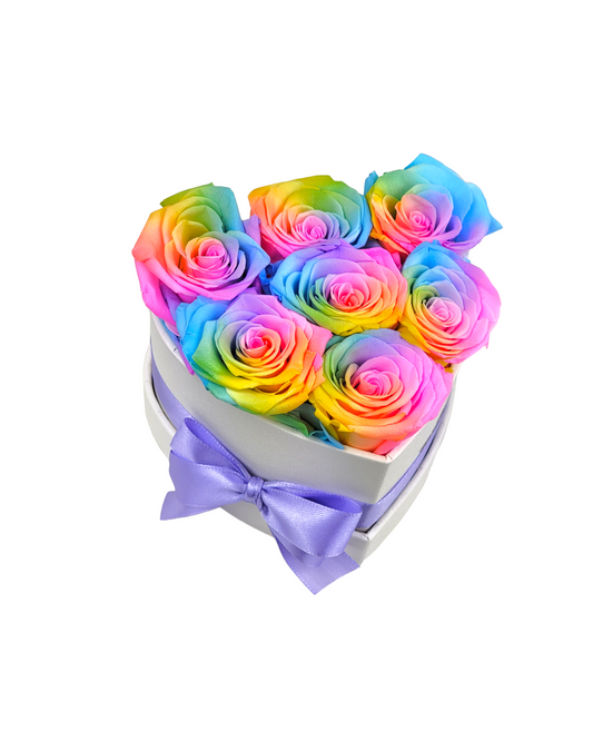 Rainbow Roses in White Classic Heart Hat Box