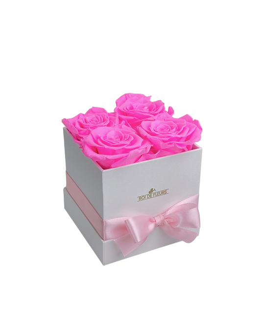 Four Cerise Roses in White Classic Hat Box