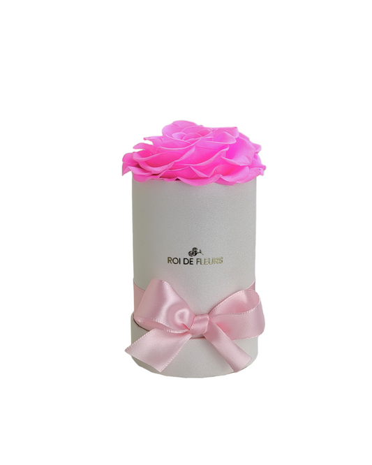 Single Cerise Rose in White Classic Hat Box