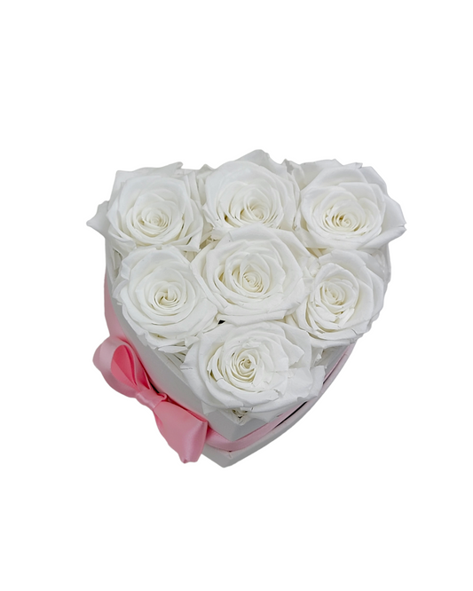 White Roses in White Classic Heart Hat Box