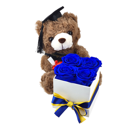 Graduation Plush Bear & Four Roses in White Classic Hat Box